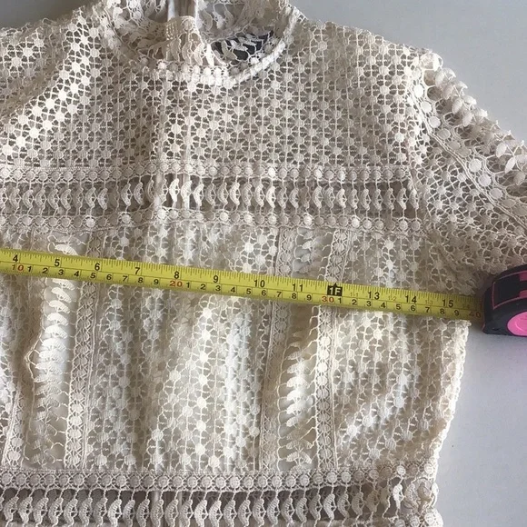 AQUA ivory crochet knit lace sheer long sleeve ruffle tier layered dress - Picture 7 of 16